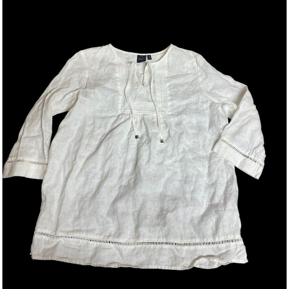 RAFAELLA White 100% Linen Embroidered 3/4 sleeve Tunic Top Large